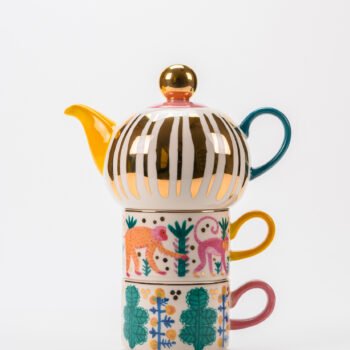 MONKEY BUSINESS - TEA FOR TWO CUP & TEA POT WITH GOLD ACCENT - SET OF 4