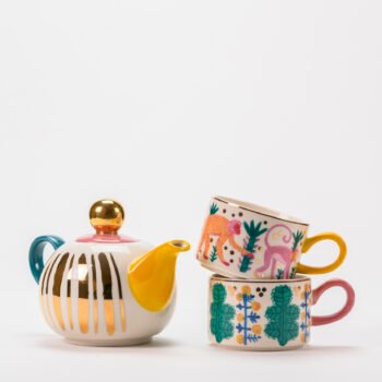 MONKEY BUSINESS - TEA FOR TWO CUP & TEA POT WITH GOLD ACCENT - SET OF 4