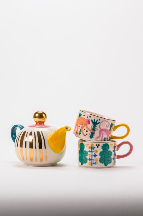 MONKEY BUSINESS - TEA FOR TWO CUP & TEA POT WITH GOLD ACCENT - SET OF 4